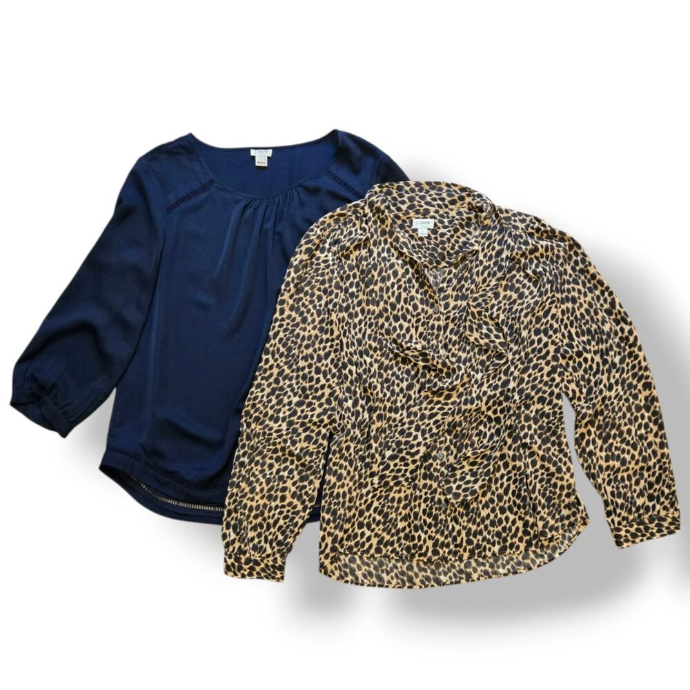 J Crew Factory Leopard Neck Bow button down shirt Navy Blouse Size L BUNDLE